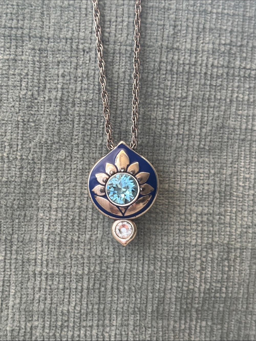 Brighton Blue Floral Drop Pendant Necklace with Aqua Crystal.  Reversible